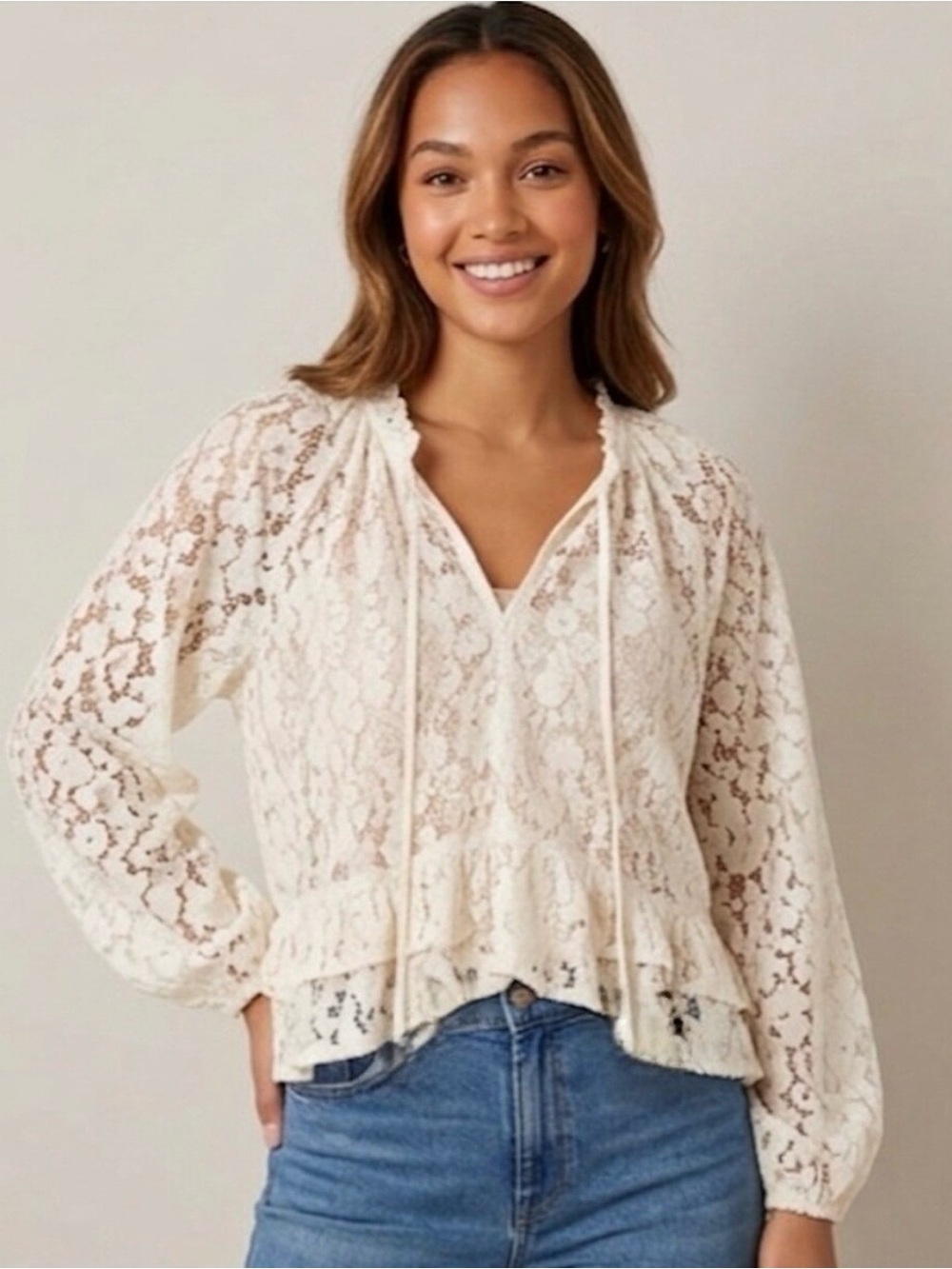Loft Allover Lace Tiered Ruffle Boho Peasant Top Blouse in Cream. Size Small